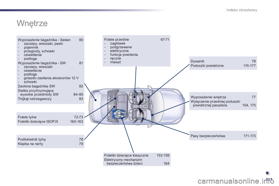 Peugeot 508 2013 Instrukcja Obsługi (in Polish) .
333
Indeks obrazkowy
Wnętrze
Wyposażenie bagażnika - Sedan 80- zaczepy, wieszaki, paski - pojemnik- przegrody, schowki - oświetlenie - podłoga Wyposażenie bagażnika - SW 81- zaczep Peugeot 508 2013 Instrukcja Obsługi (in Polish) .
333
Indeks obrazkowy
Wnętrze
Wyposażenie bagażnika - Sedan 80- zaczepy, wieszaki, paski - pojemnik- przegrody, schowki - oświetlenie - podłoga Wyposażenie bagażnika - SW 81- zaczep