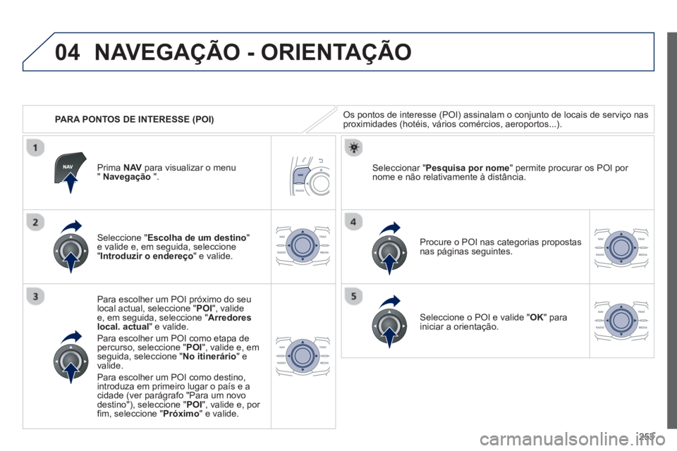 Peugeot 508 2013 Manual do proprietário (in Portuguese) 253
04
PARA PONTOS DE INTERESSE (POI)
NAVEGAÇÃO - ORIENTAÇÃO
Os pontos de interesse (POI) assinalam o conjunto de locais de serviço nasproximidades (hotéis, vários comércios, aeroportos. Peugeot 508 2013 Manual do proprietário (in Portuguese) 253
04
PARA PONTOS DE INTERESSE (POI)
NAVEGAÇÃO - ORIENTAÇÃO
Os pontos de interesse (POI) assinalam o conjunto de locais de serviço nasproximidades (hotéis, vários comércios, aeroportos.