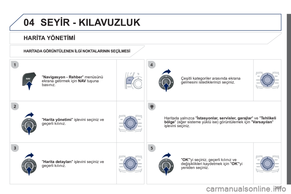 Peugeot 508 2013 Kullanım Kılavuzu (in Turkish)
259
04SEYİR - KILAVUZLUK
"Navigasyon - Rehber" menüsünü rekrana getirmek için NAV
tu şunabasın ız.
HAR İTA YÖNET İM İ
HAR İTADA GÖRÜNTÜLENEN İLG İ NOKTALARININ SEÇİLM Peugeot 508 2013 Kullanım Kılavuzu (in Turkish)
259
04SEYİR - KILAVUZLUK
"Navigasyon - Rehber" menüsünü rekrana getirmek için NAV
tu şunabasın ız.
HAR İTA YÖNET İM İ
HAR İTADA GÖRÜNTÜLENEN İLG İ NOKTALARININ SEÇİLM