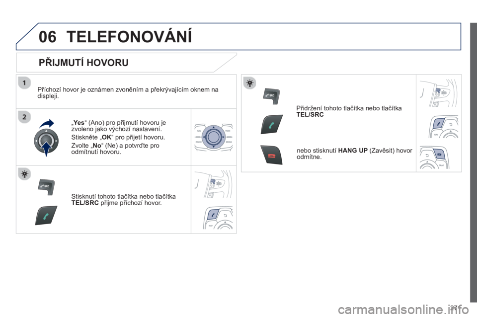 Peugeot 508 2013 Návod k obsluze (in Czech) 271
06TELEFONOVÁNÍ
PŘIJMUTÍ HOVORU
Příchozí hovor je oznámen zvoněním a překrývajícím oknem na
displeji.
„ Ye s “ (Ano) pro přijmutí hovoru je
zvoleno jako výchozí nas Peugeot 508 2013 Návod k obsluze (in Czech) 271
06TELEFONOVÁNÍ
PŘIJMUTÍ HOVORU
Příchozí hovor je oznámen zvoněním a překrývajícím oknem na
displeji.
„ Ye s “ (Ano) pro přijmutí hovoru je
zvoleno jako výchozí nas