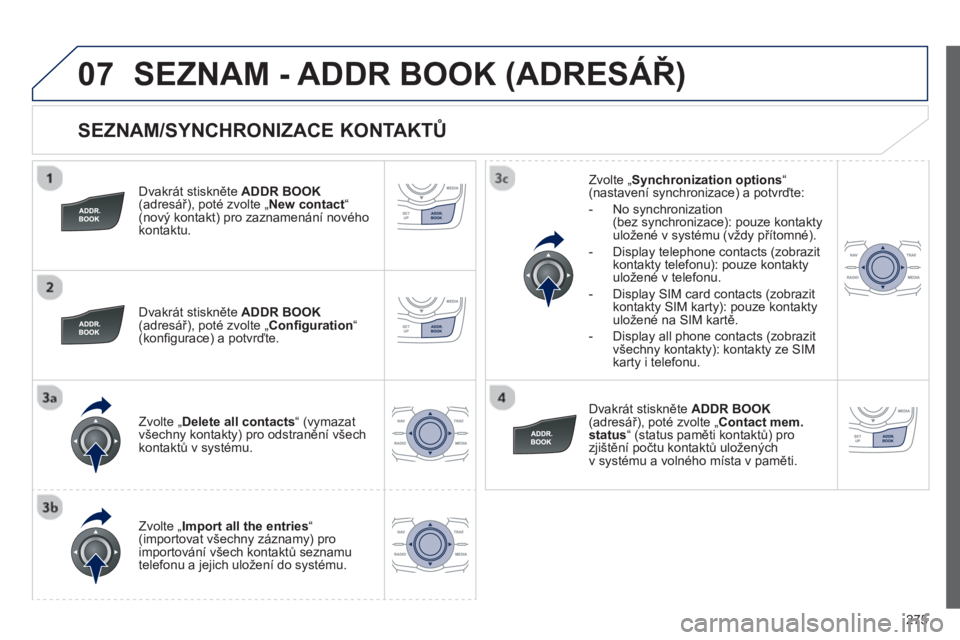 Peugeot 508 2013 Návod k obsluze (in Czech) 275
07
SEZNAM/SYNCHRONIZACE KONTAKTŮ
Dvakrát stiskněte ADDR BOOK(adresář), poté zvolte „New contact“(nový kontakt) pro zaznamenání novéhokontaktu.
Dv
akrát stiskněte A Peugeot 508 2013 Návod k obsluze (in Czech) 275
07
SEZNAM/SYNCHRONIZACE KONTAKTŮ
Dvakrát stiskněte ADDR BOOK(adresář), poté zvolte „New contact“(nový kontakt) pro zaznamenání novéhokontaktu.
Dv
akrát stiskněte A