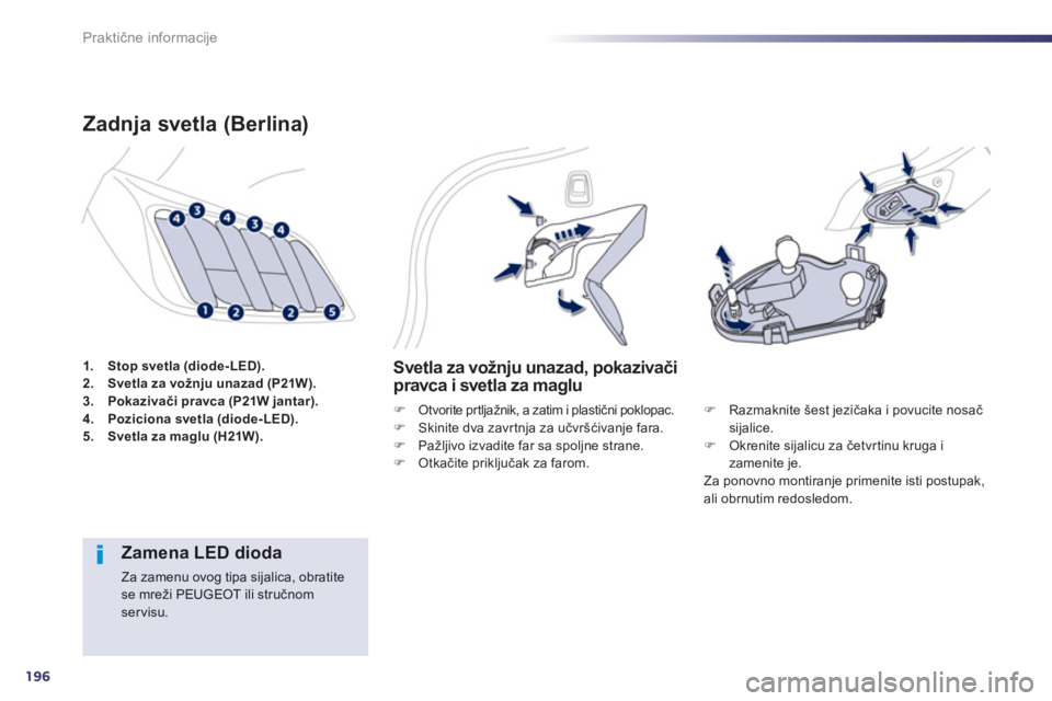Peugeot 508 2013  Упутство за употребу (in Serbian) 196
Praktične informacije
1.Stop svetla (diode-LED).2.Svetla za vožnju unazad (P21W).3. Pokazivači pravca (P21W jantar).4.Poziciona svetla (diode-LED).5.Svetla za maglu (H21W).
Zadnja svetla (Berli