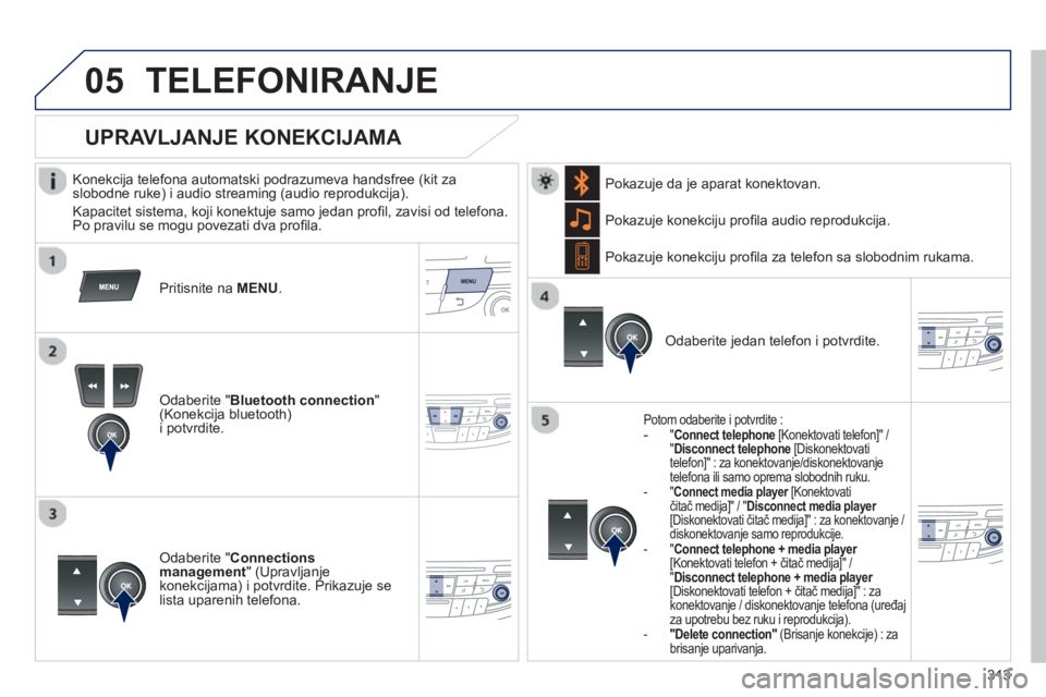 Peugeot 508 2013  Упутство за употребу (in Serbian) 313
 
 
05TELEFONIRANJE 
   
Konekcija telefona automatski podrazumeva handsfree (kit za slobodne ruke) i audio streaming (audio reprodukcija). 
  Kapacitet sistema, ko
ji konektuje samo jedan proﬁ 