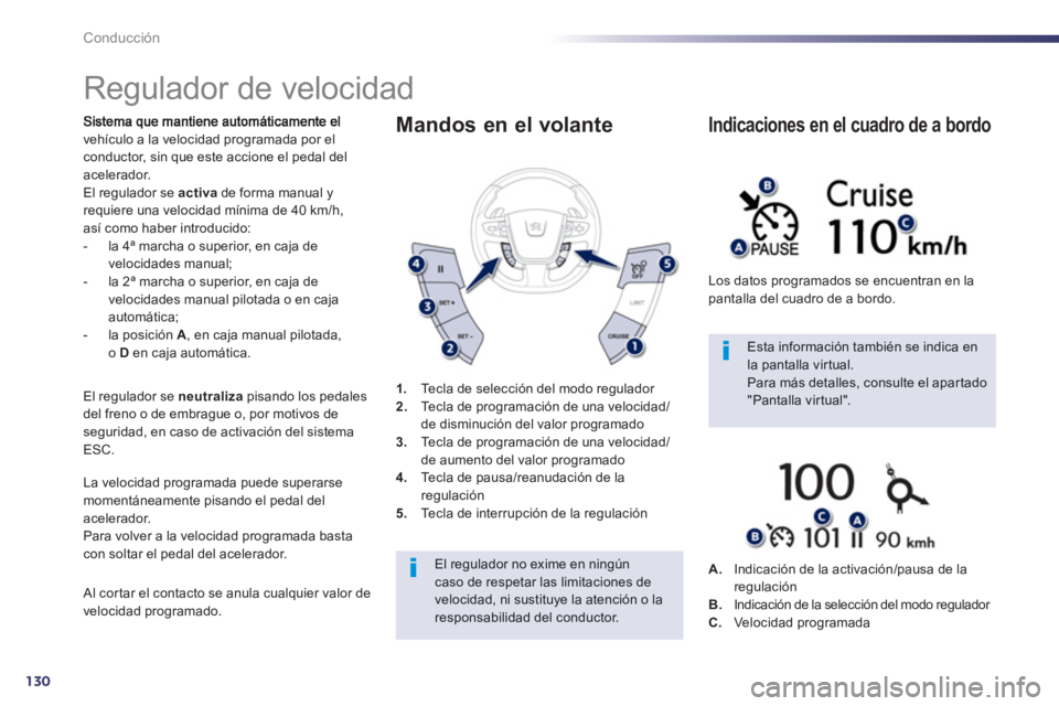 Peugeot 508 2012.5  Manual del propietario (in Spanish) 130
Conducción
   
 
 
 
 
Regulador de velocidad 
vehículo a la velocidad programada por elconductor, sin que este accione el pedal del
acelerador. El regulador se  activade forma manual y requiere