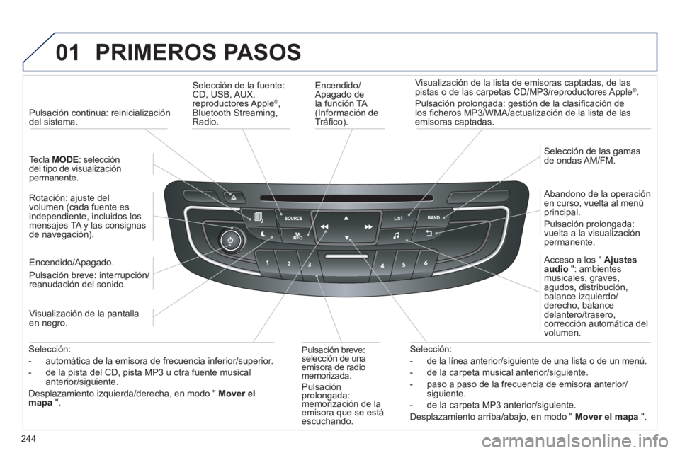 Peugeot 508 2012.5 Manual del propietario (in Spanish) 244
01 PRIMEROS PASOS
Encendido/Apagado de
la función TA (Información de
Tráfi co).
Visualización de la lista de emisoras captadas, de las
pistas o de las carpetas
CD/MP3/reproductore Peugeot 508 2012.5 Manual del propietario (in Spanish) 244
01 PRIMEROS PASOS
Encendido/Apagado de
la función TA (Información de
Tráfi co).
Visualización de la lista de emisoras captadas, de las
pistas o de las carpetas
CD/MP3/reproductore