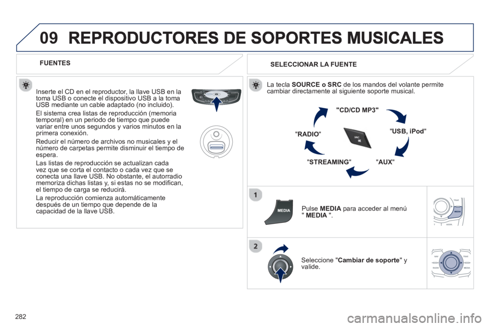 Peugeot 508 2012.5 Manual del propietario (in Spanish) 282
09
FUENTES
Inserte el CD en el reproductor, la llave USB en la
toma U
SB o conecte el dispositivo USB a la toma USB mediante un cable adaptado (no incluido).
El sistema crea listas Peugeot 508 2012.5 Manual del propietario (in Spanish) 282
09
FUENTES
Inserte el CD en el reproductor, la llave USB en la
toma U
SB o conecte el dispositivo USB a la toma USB mediante un cable adaptado (no incluido).
El sistema crea listas