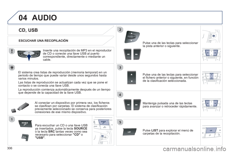 Peugeot 508 2012.5 Manual del propietario (in Spanish) 306
04
CD, USB
AUDIO
ESCUCHAR UNA RECOPILACIÓN
Inserte una recopilación de MP3 en el reproductor
de
CD o conecte una llave USB al puertocorrespondiente, directa Peugeot 508 2012.5 Manual del propietario (in Spanish) 306
04
CD, USB
AUDIO
ESCUCHAR UNA RECOPILACIÓN
Inserte una recopilación de MP3 en el reproductor
de
CD o conecte una llave USB al puertocorrespondiente, directa