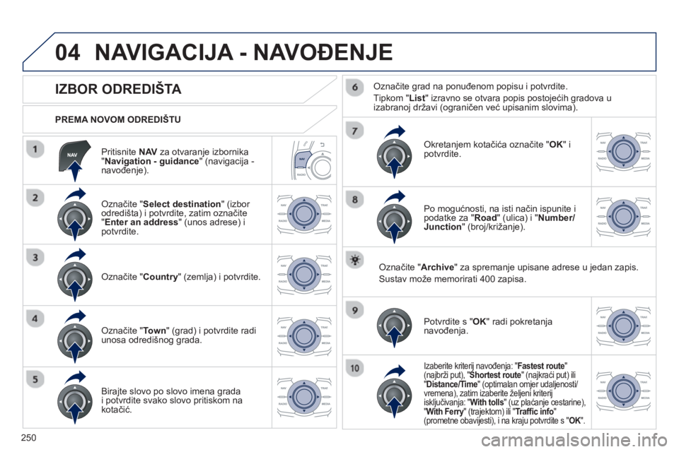 Peugeot 508 2012.5  Vodič za korisnike (in Croatian) 
250
04
  Pritisnite  NAV   za otvaranje izbornika
"  Navigation - guidance " (navigacija -navo đenje).  
  PREMA NOVOM ODREDIŠTU 
 
NAVIGACIJA - NAVOĐENJE 
             
IZBOR ODREDIŠTA 
  Ozna 