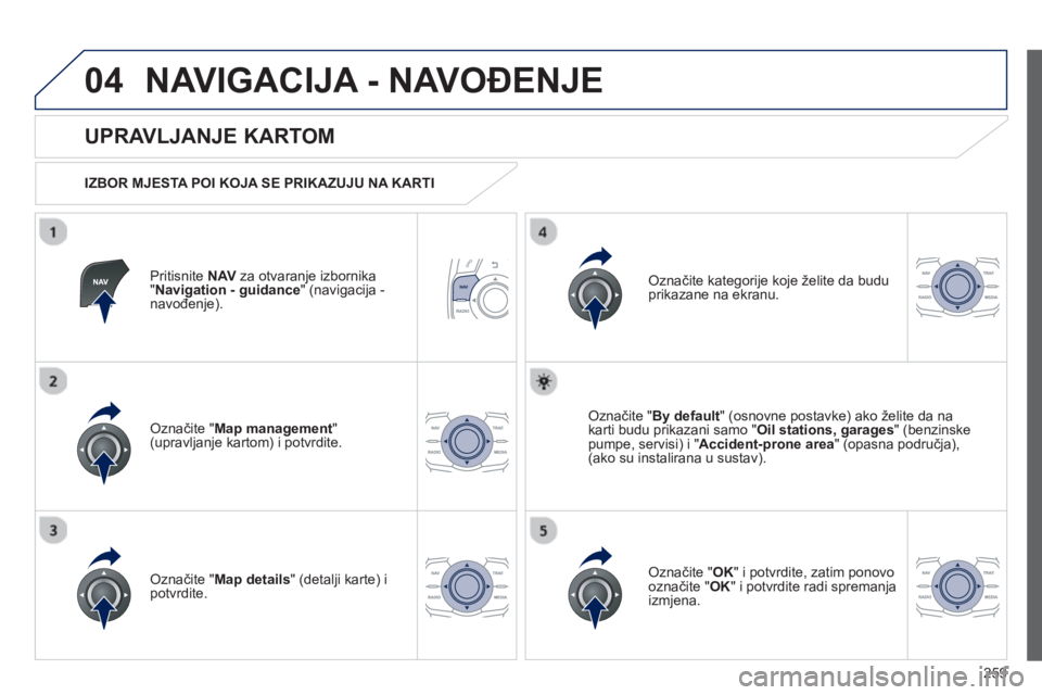 Peugeot 508 2012.5 Vodič za korisnike (in Croatian)
259
04NAVIGACIJA - NAVOĐENJE
Pritisnite NAVza otvaranje izbornika"Navigation - guidance" (navigacija -
navo đenje).
UPRAVLJANJE KARTOM
IZBOR MJESTA POI KOJA SE PRIKAZUJU NA KARTI
Označi Peugeot 508 2012.5 Vodič za korisnike (in Croatian)
259
04NAVIGACIJA - NAVOĐENJE
Pritisnite NAVza otvaranje izbornika"Navigation - guidance" (navigacija -
navo đenje).
UPRAVLJANJE KARTOM
IZBOR MJESTA POI KOJA SE PRIKAZUJU NA KARTI
Označi