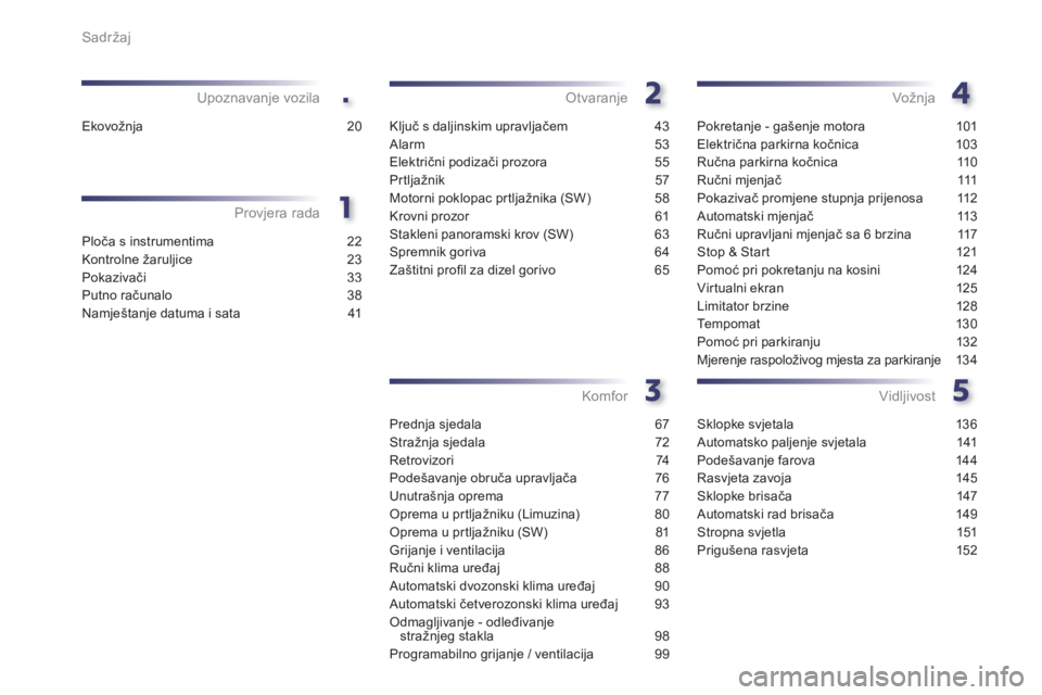 Peugeot 508 2012.5  Vodič za korisnike (in Croatian) .
Sadržaj
Ploča s instrumentima 22
Kontrolne žaruljice 23
Pokazivači 33
Putno računalo 38
Namje