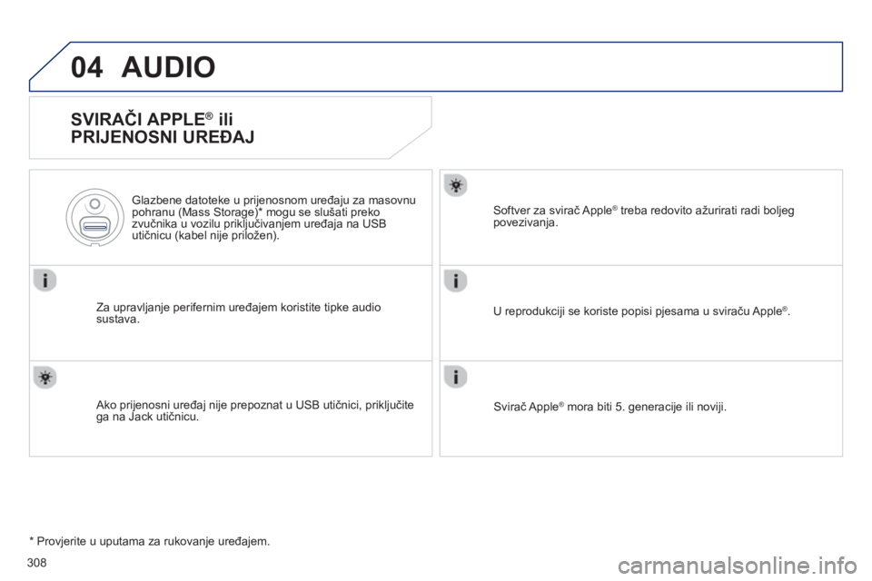 Peugeot 508 2012.5 Vodič za korisnike (in Croatian) 308
04AUDIO
SVIRAČI APPLE ®
ili
PRIJENOSNI UREĐAJ
Za upravljanje perifernim uređajem koristite tipke audiosustava.
Glazbene datoteke u pri
jenosnom uređaju za masovnupohranu (Mass Sto Peugeot 508 2012.5 Vodič za korisnike (in Croatian) 308
04AUDIO
SVIRAČI APPLE ®
ili
PRIJENOSNI UREĐAJ
Za upravljanje perifernim uređajem koristite tipke audiosustava.
Glazbene datoteke u pri
jenosnom uređaju za masovnupohranu (Mass Sto