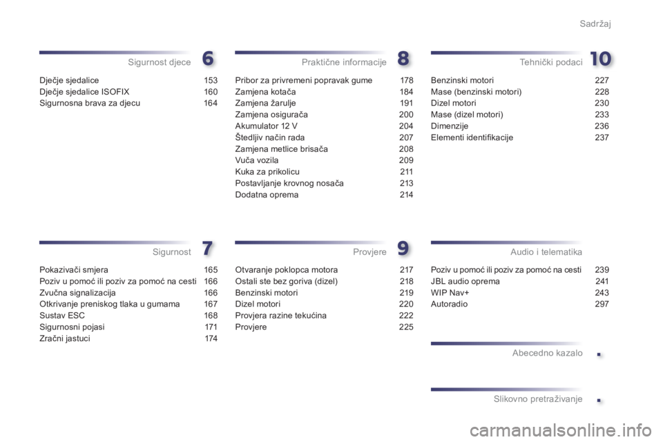 Peugeot 508 2012.5  Vodič za korisnike (in Croatian) .
.
Sadržaj
Dječje sjedalice 153
Dječje sjedalice ISOFIX 160
Sigurnosna brava za djecu 164
Sigurnost djece
Pokazivači smjera 165
Poziv u pomoć ili poziv za pomoć na cesti  166
Zvučna signalizac