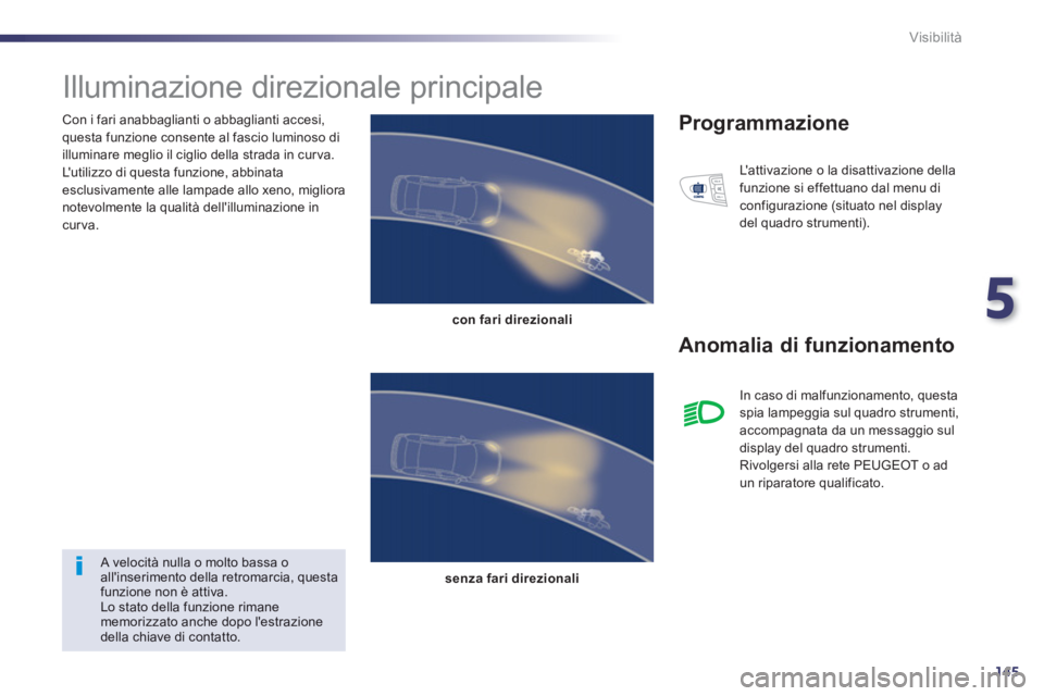 Peugeot 508 2012.5  Manuale del proprietario (in Italian) 5
145
Visibilità
   
Con i fari anabbaglianti o abbaglianti accesi, questa funzione consente al fascio luminoso di 
illuminare meglio il ciglio della strada in cur va.
  Lutilizzo di questa funzione