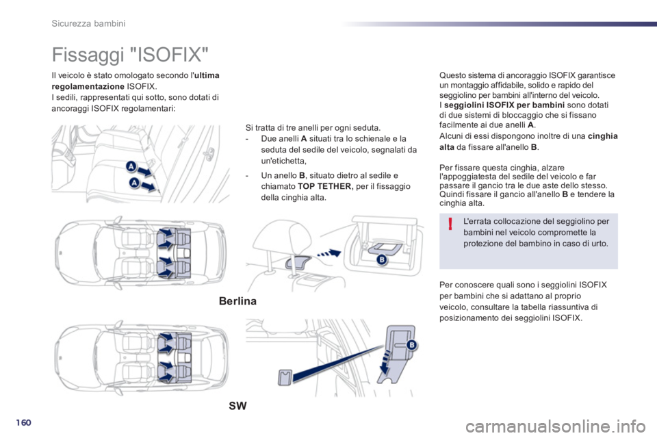 Peugeot 508 2012.5 Manuale del proprietario (in Italian) 160
!
Sicurezza bambini
Il veicolo è stato omologato secondo lultimaregolamentazioneISOFIX.
I sedili, rappresentati qui sotto, sono dotati di
ancoraggi ISOFIX regolamentari:
Peugeot 508 2012.5 Manuale del proprietario (in Italian) 160
!
Sicurezza bambini
Il veicolo è stato omologato secondo lultimaregolamentazioneISOFIX.
I sedili, rappresentati qui sotto, sono dotati di
ancoraggi ISOFIX regolamentari: