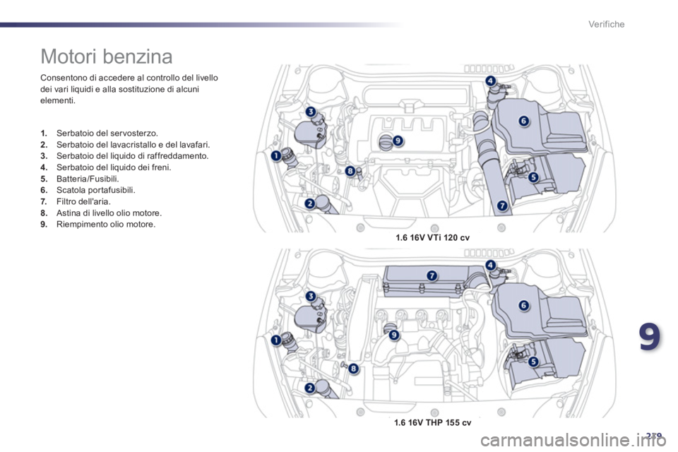 Peugeot 508 2012.5  Manuale del proprietario (in Italian) 9
219
Ver if iche
  Consentono di accedere al controllo del livello 
dei vari liquidi e alla sostituzione di alcuni 
elementi. 
   
 
 
 
 
 
 
 
 
 
 
 
 
 
Motori benzina 
1. 
 Serbatoio del ser vos