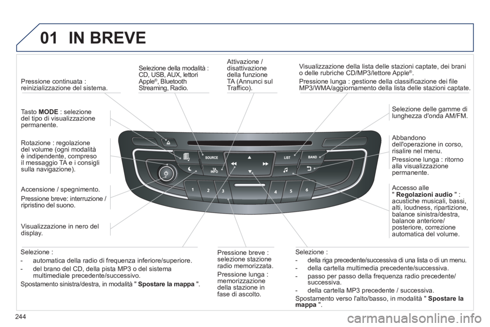 Peugeot 508 2012.5  Manuale del proprietario (in Italian) 244
01IN BREVE
   
Attivazione / disattivazionedella funzioneTA (Annunci sul 
Traffico).     
Visualizzazione della lista delle stazioni captate, dei branio delle rubriche CD/MP3/lettore Apple®.
 
Pr