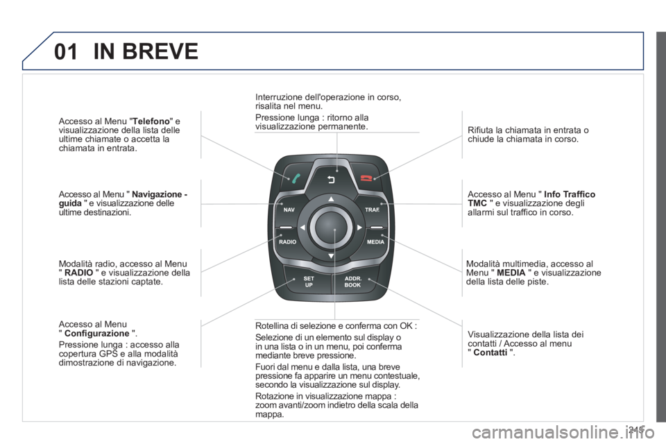Peugeot 508 2012.5  Manuale del proprietario (in Italian) 245
01
   
Accesso al Menu " Telefono 
" evisualizzazione della lista delle ultime chiamate o accetta la chiamata in entrata.  
 
   
Accesso al Menu "  Navigazione -guida 
 " e visualizzazione delle 