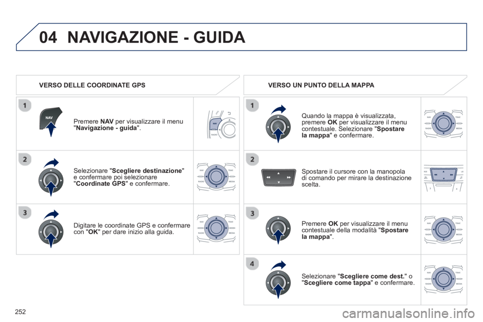 Peugeot 508 2012.5  Manuale del proprietario (in Italian) 252
04
Selezionare " Scegliere destinazione"e confermare poi selezionare "Coordinate GPS" e confermare.
Di
gitare le coordinate GPS e confermare con "OK" per dare inizio alla guida.  
Premere NAVper v
