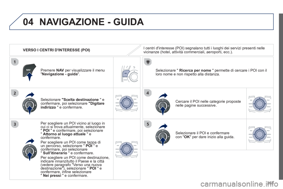 Peugeot 508 2012.5  Manuale del proprietario (in Italian) 253
04
   
 VERSO I CENTRI DINTERESSE (POI)
NAVIGAZIONE - GUIDA 
I centri dinteresse (POI) segnalano tutti i luoghi dei servizi presenti nelle
vicinanze (hotel, attività commerciali, aeroporti, ecc