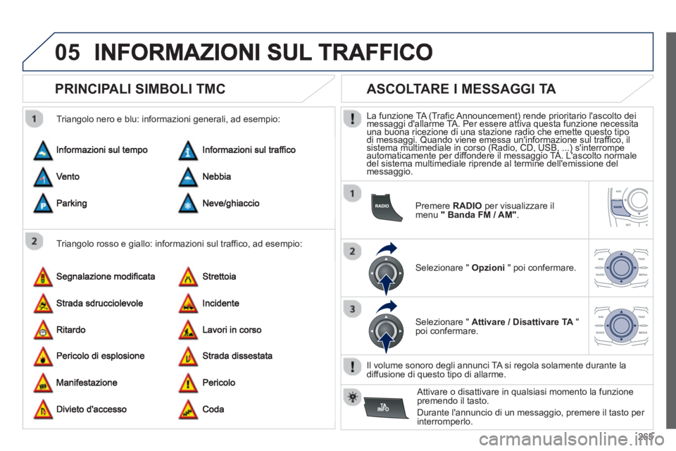 Peugeot 508 2012.5 Manuale del proprietario (in Italian) 265
05
PRINCIPALI SIMBOLI TMC
Triangolo rosso e giallo: informazioni sul traffico, ad esempio:
Trian
golo nero e blu: informazioni generali, ad esempio:
ASCOLTAR Peugeot 508 2012.5 Manuale del proprietario (in Italian) 265
05
PRINCIPALI SIMBOLI TMC
Triangolo rosso e giallo: informazioni sul traffico, ad esempio:
Trian
golo nero e blu: informazioni generali, ad esempio:
ASCOLTAR
