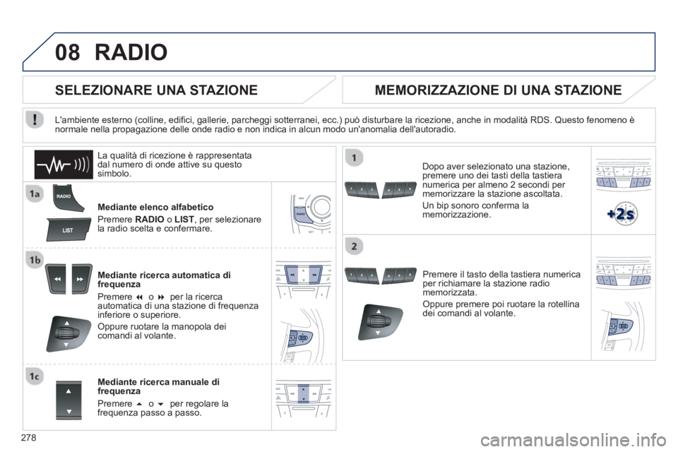 Peugeot 508 2012.5  Manuale del proprietario (in Italian) 278
08RADIO 
Mediante elenco alfabetico
Pr
emere RADIO 
 o LIST 
, per selezionare la radio scelta e confermare.  
Mediante ricerca automatica di 
frequenza
Pr
emere �  o  �  
per la ricerca automat