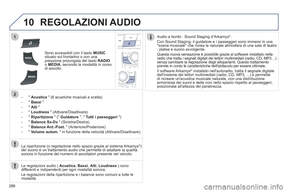 Peugeot 508 2012.5 Manuale del proprietario (in Italian) 286
10REGOLAZIONI AUDIO
Sono accessibili con il tasto MUSICsituato sul frontalino o con unapressione prolungata del tasto RADIOo MEDIA
, secondo la modalità in corso di ascolto.
- "
Acustica Peugeot 508 2012.5 Manuale del proprietario (in Italian) 286
10REGOLAZIONI AUDIO
Sono accessibili con il tasto MUSICsituato sul frontalino o con unapressione prolungata del tasto RADIOo MEDIA
, secondo la modalità in corso di ascolto.
- "
Acustica