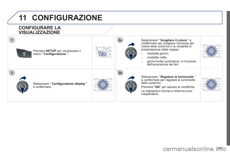 Peugeot 508 2012.5 Manuale del proprietario (in Italian) 287
11CONFIGURAZIONE
Premere SETUPper visualizzare il
menu " Configurazione
".
Selezionare " Scegliere il colore
" econfermare per scegliere larmonia delcolore dello schermo e la modalit Peugeot 508 2012.5 Manuale del proprietario (in Italian) 287
11CONFIGURAZIONE
Premere SETUPper visualizzare il
menu " Configurazione
".
Selezionare " Scegliere il colore
" econfermare per scegliere larmonia delcolore dello schermo e la modalit