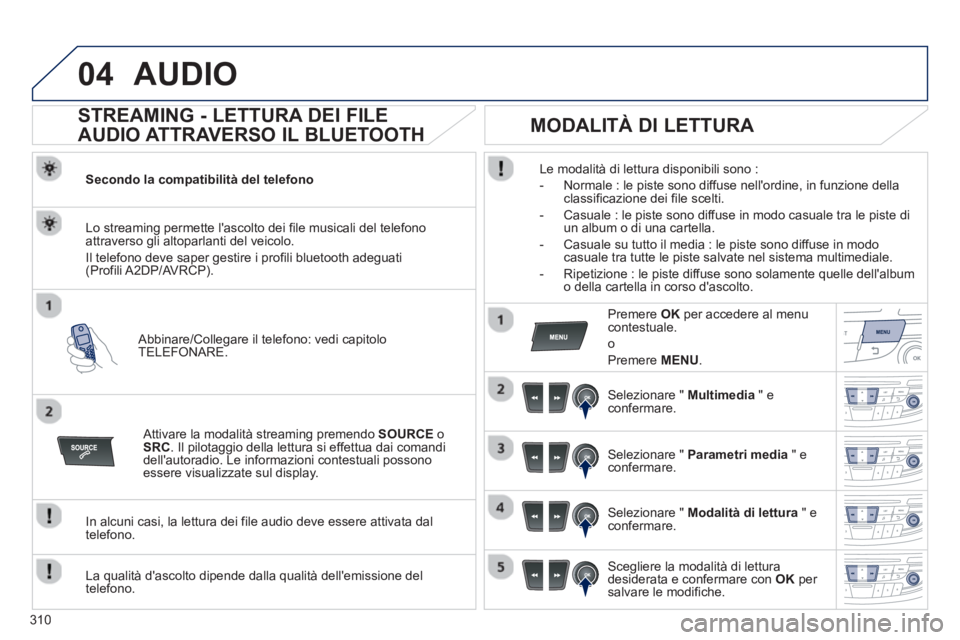 Peugeot 508 2012.5  Manuale del proprietario (in Italian) 310
04AUDIO 
   
 
 
 
 
 
STREAMING - LETTURA DEI FILE 
AUDIO ATTRAVERSO IL BLUETOOTH 
Secondo la compatibilità del telefono
   
Abbinare
/Collegare il telefono: vedi capitolo 
TELEFONARE.   Lo stre