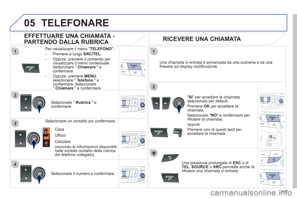 Peugeot 508 2012.5  Manuale del proprietario (in Italian) 315
 
  
05TELEFONARE
Per visualizzare il menu "TELEFONO" :
-   Premere a lungo  
SRC/TEL .
-  Oppure, premere il comando per 
visualizzare il menu contestuale. Selezionare " Chiamare 
 " econfermare.