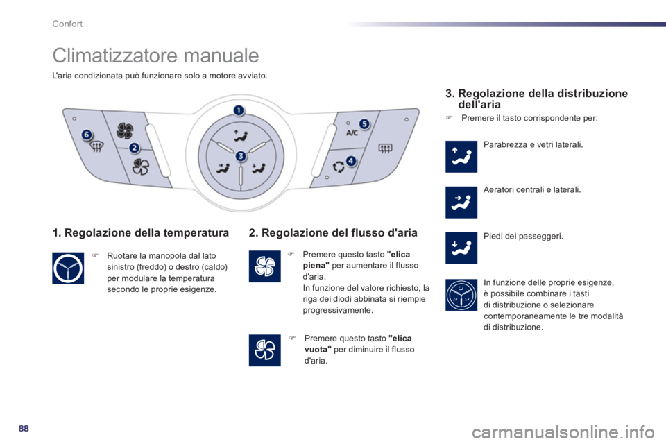 Peugeot 508 2012.5  Manuale del proprietario (in Italian) 88
Confort
  Climatizzatore manuale 
Laria condizionata può funzionare solo a motore avviato.
1. Regolazione della temperatura
�) 
  Ruotare la manopola dal latosinistro (freddo) o destro (caldo) pe
