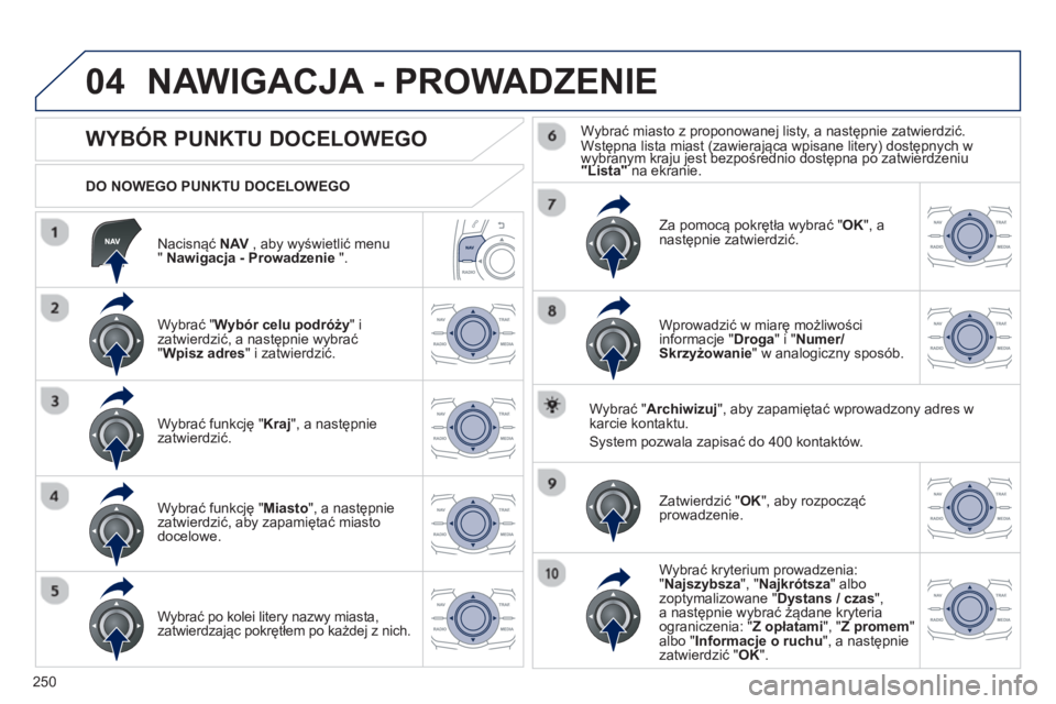 Peugeot 508 2012.5  Instrukcja Obsługi (in Polish) 250
04
   
Nacisnąć NAV, aby wyświetlić menu"Nawigacja - Prowadzenie".
 
 
DO NOWEGO PUNKTU DOCELOWEGO 
NAWIGACJA - PROWADZENIE 
 
 
 
 
 
 
 
 
 
 
 
 
 
WYBÓR PUNKTU DOCELOWEGO 
 
 
Wybrać " W