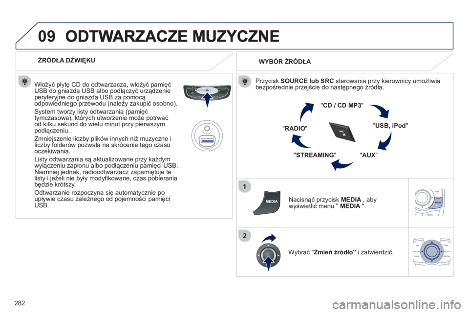 Peugeot 508 2012.5  Instrukcja Obsługi (in Polish) 282
09
   
 
ŹRÓDŁA DŹWIĘKU  
   
Włoż
y�ü płytę CD do odtwarzacza, włoży�ü pamięćUSB do gniazda USB albo podłączyć urządzenie peryferyjne do gniazda USB za pomocą odpowiedniego pr