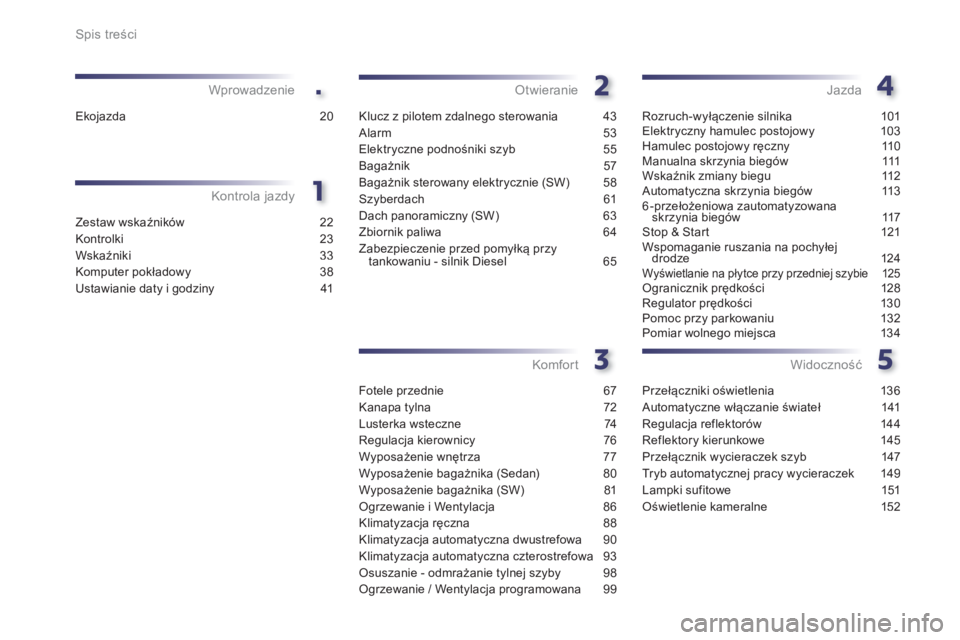 Peugeot 508 2012.5  Instrukcja Obsługi (in Polish) .
Spis treści
Zestaw wskaźników 22
Kontrolki 23
Wskaźniki 33
Komputer pokładowy 38
Ustawianie daty i godziny  41
Kontrola jazdy Wprowadzenie
Klucz z pilotem zdalnego sterowania  43
Alarm 53
Elekt