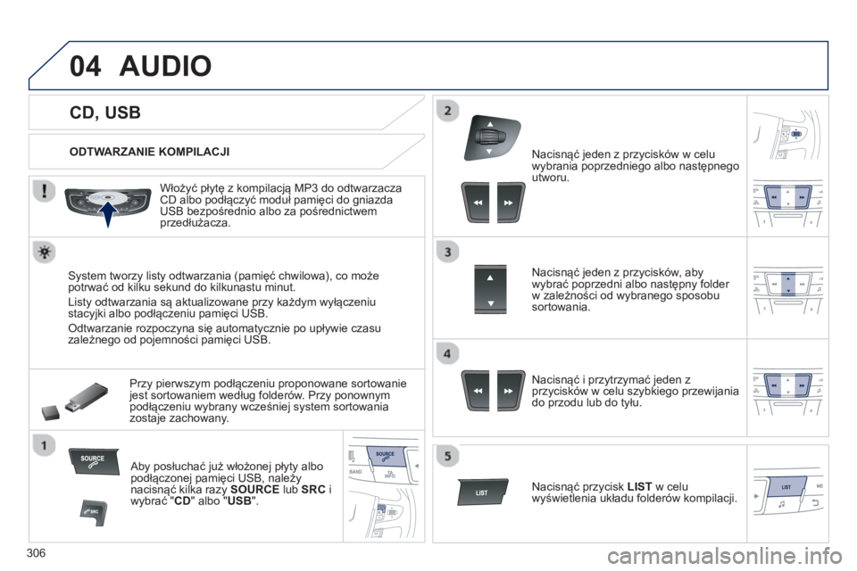 Peugeot 508 2012.5  Instrukcja Obsługi (in Polish) 306
04
   
 
 
 
 
 
 
 
 
 
 
 
CD, USB 
AUDIO 
 
 
ODTWARZANIE KOMPILACJI  
   
Włoż
y�ü płytę z kompilacją MP3 do odtwarzaczaCD albo podłączyć moduł pamięci do gniazda USB bezpośrednio 