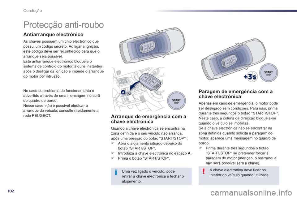 Peugeot 508 2012.5  Manual do proprietário (in Portuguese) 102
Condução
   
 
 
 
 
 
 
 
 
 
 
Protecção anti-roubo  
Antiarranque electrónico 
 As chaves possuem um chip electrónico que possui um código secreto. Ao ligar a ignição, 
este código de