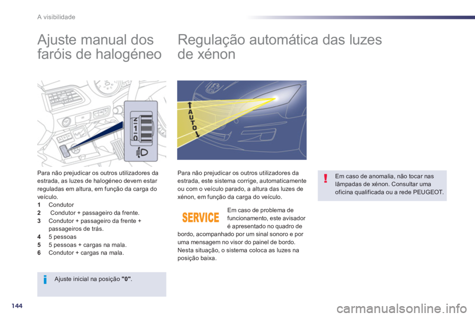 Peugeot 508 2012.5  Manual do proprietário (in Portuguese) 144
A visibilidade
   
 
 
 
 
 
Ajuste manual dos 
faróis de halogéneo    
 
 
 
 
 
 
 
Regulação automática das luzes
de xénon 
Para não prejudicar os outros utilizadores daestrada, as luzes