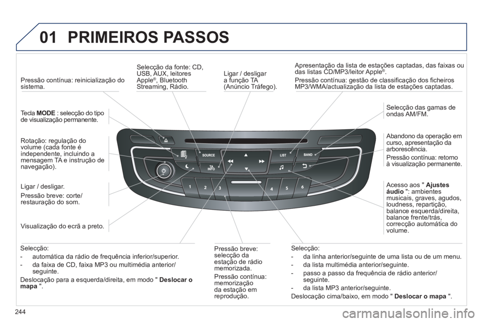 Peugeot 508 2012.5  Manual do proprietário (in Portuguese) 244
01  PRIMEIROS PASSOS 
 
 
Ligar / desligar 
a função TA (Anúncio Tráfego).     
Apresentação da lista de estações captadas, das 
faixas ou 
das listas CD/MP3/leitor Apple®. 
  Pressão co