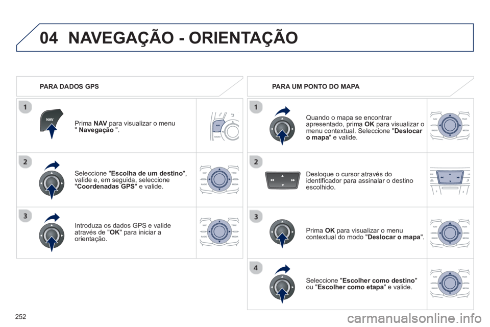 Peugeot 508 2012.5 Manual do proprietário (in Portuguese) 252
04
Seleccione " Escolha de um destino",valide e, em seguida, seleccione "Coordenadas GPS" e valide.
Introduza os dados
GPS e valideatravés de " OK
" para iniciar a
orientação.
Prima N Peugeot 508 2012.5 Manual do proprietário (in Portuguese) 252
04
Seleccione " Escolha de um destino",valide e, em seguida, seleccione "Coordenadas GPS" e valide.
Introduza os dados
GPS e valideatravés de " OK
" para iniciar a
orientação.
Prima N