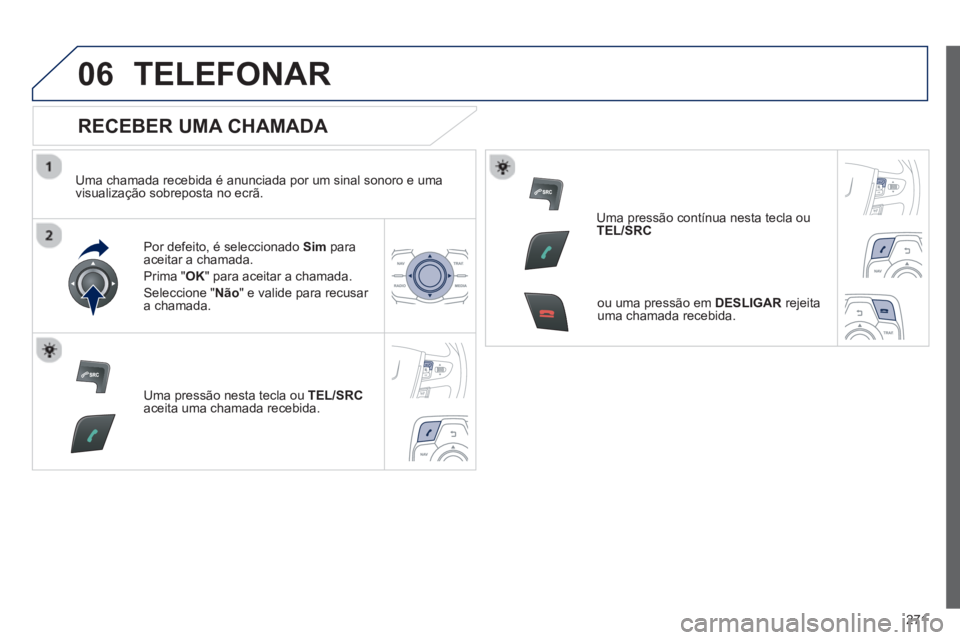 Peugeot 508 2012.5  Manual do proprietário (in Portuguese) 271
06TELEFONAR
   
RECEBER UMA CHAMADA 
 
 
Uma chamada recebida é anunciada por um sinal sonoro e uma 
visualização sobreposta no ecrã.  
Por de
feito, é seleccionado  Sim   paraaceitar a chama