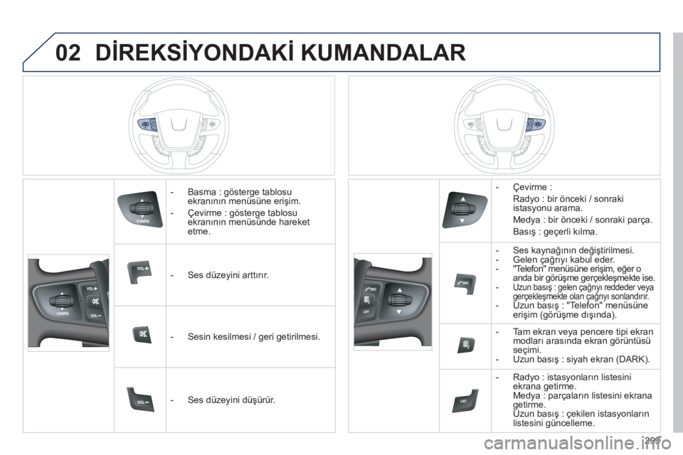 Peugeot 508 2012.5  Kullanım Kılavuzu (in Turkish) 02
299
DİREKSİYONDAKİ KUMANDALAR
 
 
 
-  Basma : gösterge tablosu ekranının menüsüne erişim.
   
-  
Çevirme : gösterge tablosuekranının menüsünde hareketetme.
   
 
-  
Ses düzeyini 