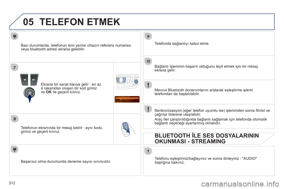 Peugeot 508 2012.5 Kullanım Kılavuzu (in Turkish) 312
05
Saisir code authentification
01
OK Del23456789 _
TELEFON ETMEK
Ekrana bir sanal klavye gelir : en az
4 rakamdan oluşan bir kod giriniz
v
e OKile geçerli kılınız.
Tele
fonun ekranın Peugeot 508 2012.5 Kullanım Kılavuzu (in Turkish) 312
05
Saisir code authentification
01
OK Del23456789 _
TELEFON ETMEK
Ekrana bir sanal klavye gelir : en az
4 rakamdan oluşan bir kod giriniz
v
e OKile geçerli kılınız.
Tele
fonun ekranın