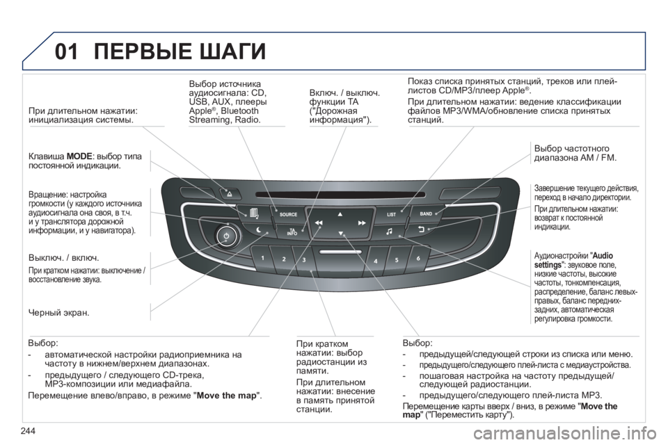 Peugeot 508 2012.5 Инструкция по эксплуатации (in Russian)
244
01
ПЕРВЫЕ ШАГИ
Включ . / выключ . функции TA ("Дорожная
информация ").
Показ
списка принятых станций , тре Peugeot 508 2012.5 Инструкция по эксплуатации (in Russian)
244
01
ПЕРВЫЕ ШАГИ
Включ . / выключ . функции TA ("Дорожная
информация ").
Показ
списка принятых станций , тре