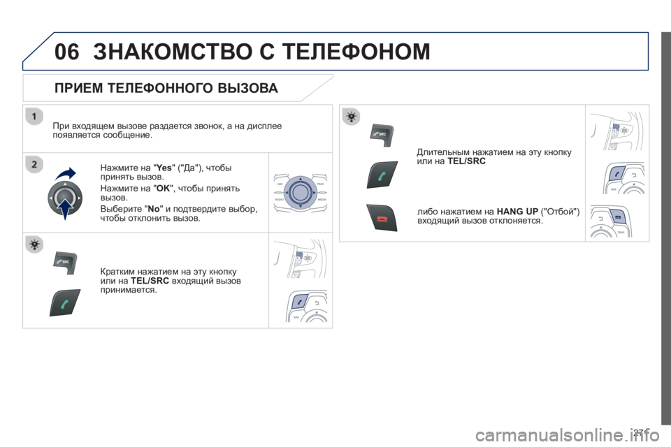 Peugeot 508 2012.5 Инструкция по эксплуатации (in Russian)
271
06ЗНАКОМСТВО С ТЕЛЕФОНОМ
ПРИЕМ ТЕЛЕФОННОГО ВЫЗОВА
При входящем вызове раздается звонок , а на дис Peugeot 508 2012.5 Инструкция по эксплуатации (in Russian)
271
06ЗНАКОМСТВО С ТЕЛЕФОНОМ
ПРИЕМ ТЕЛЕФОННОГО ВЫЗОВА
При входящем вызове раздается звонок , а на дис