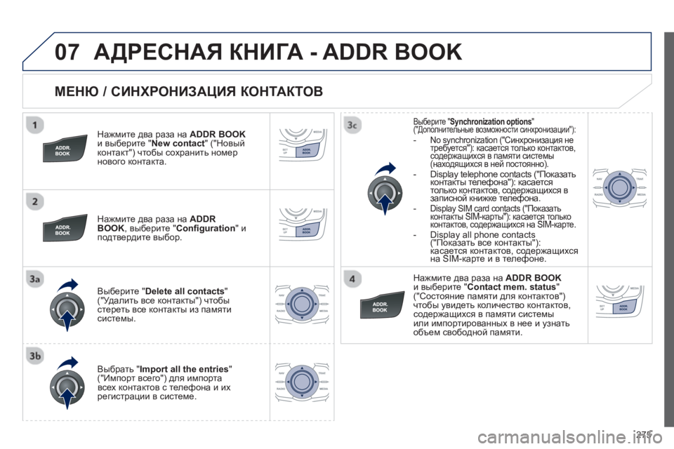 Peugeot 508 2012.5  Инструкция по эксплуатации (in Russian) 
275
07
  
МЕНЮ / СИНХРОНИЗАЦИЯ  КОНТАКТОВ  
  
Нажмите два  раза на ADDR BOOKи выберите  "New contact " ("Новый
контакт ") чтобы  