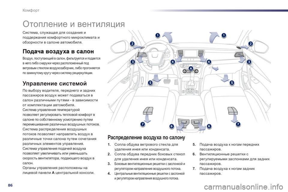 Peugeot 508 2012.5  Инструкция по эксплуатации (in Russian) 86
Комфорт
   
 
 
 
 
 
 
 
Отопление и вентиляция 
Воздух, поступающий в салон, фильтруется и подаетсяв него либо сн