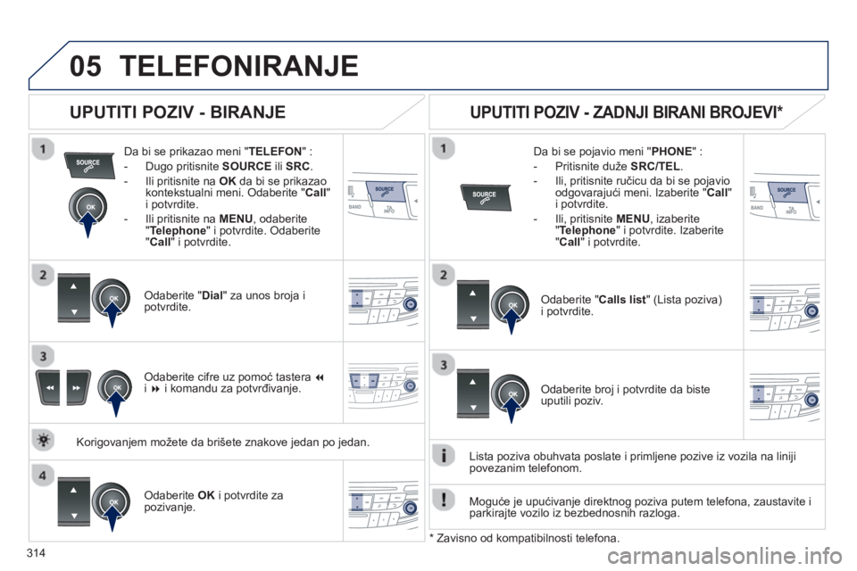 Peugeot 508 2012.5 Упутство за употребу (in Serbian) 314
05TELEFONIRANJE
Da bi se prikazao meni "TELEFON " :
- Du
go pritisnite SOURCE
ili SRC .
- Ili pritisnite na OK
da bi se prikazao
kontekstualni meni. Odaberite "Call"i potvrdite.
- Peugeot 508 2012.5 Упутство за употребу (in Serbian) 314
05TELEFONIRANJE
Da bi se prikazao meni "TELEFON " :
- Du
go pritisnite SOURCE
ili SRC .
- Ili pritisnite na OK
da bi se prikazao
kontekstualni meni. Odaberite "Call"i potvrdite.
-