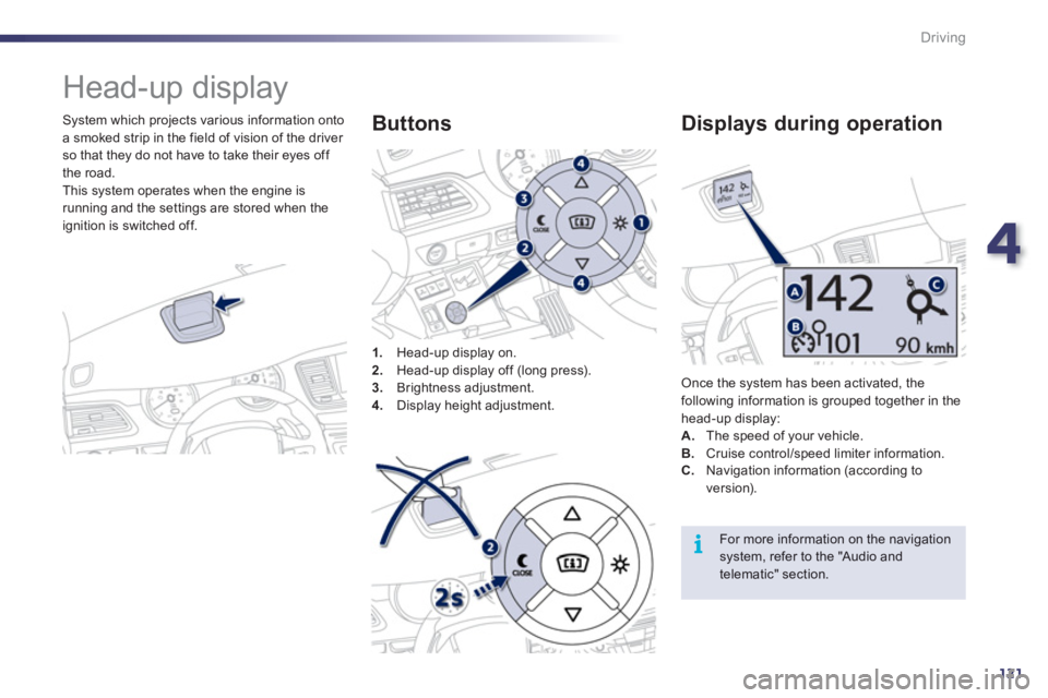 Peugeot 508 2012  Owners Manual 4
121
i
Driving
   
 
 
 
 
Head-up display 
 
 
System which projects various information onto
a smoked strip in the field of vision of the driver so that they do not have to take their eyes off 
the