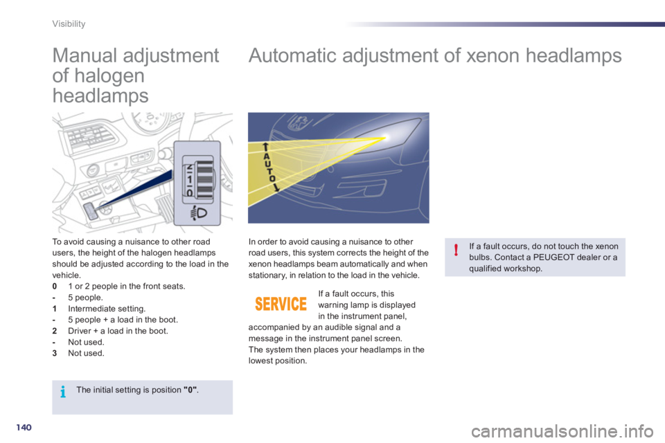 Peugeot 508 2012  Owners Manual 140
i
!
Visibility
   
 
 
 
 
 
Manual adjustment 
of halogen 
headlamps    
 
 
 
 
 
 
 
Automatic adjustment of xenon headlamps 
To avoid causing a nuisance to other road 
users, the height of the