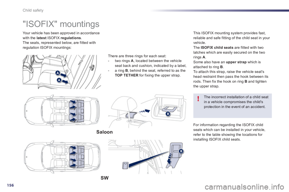 Peugeot 508 2012  Owners Manual 156
!
Child safety
Your vehicle has been approved in accordance
with the  latestISOFIX  regulations . 
The seats, represented below, are fitted with
regulation ISOFIX mountings:
   
 
 
 
 
 
 
 
 
 
