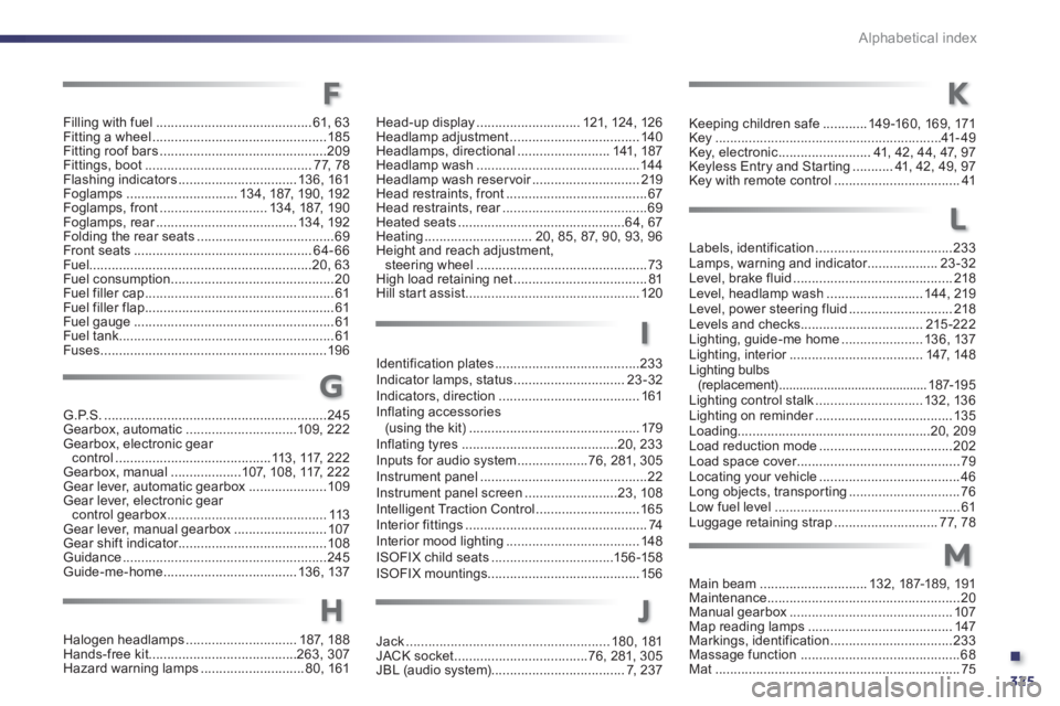 Peugeot 508 2012  Owners Manual .
325
Alphabetical index
G.P.S.............................................................245Gearbox, automatic..............................109, 222Gearbox, electronic gear control .................